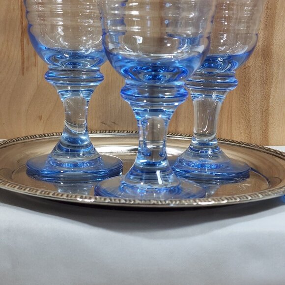 4 Libbey Sirrus Blue Wine Glasses 7" water Goblets vintage horizontal rings - Picture 5 of 7